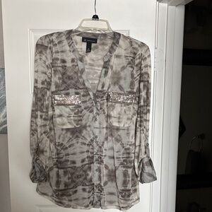 INC International Concepts Gray Tie-Dye Button-Down Shirt